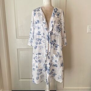 120% Lino Linen Blue and White Floral Knee length Dress Sz 48/XL FLAW